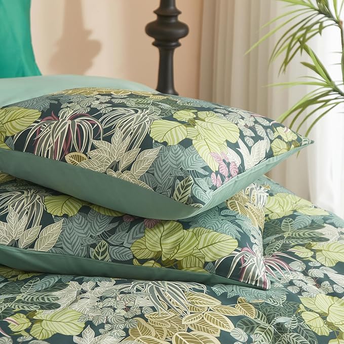 HighBuy Tropical Green Duvet Cover Queen Size Soft Cotton Leaves Bedding Set Queen Vintage Boho Flower Comforter Cover Garden Style Duvet Cover for Kids Girls with 2 Pillowcases Queen Bedding Sets