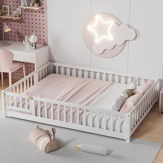 i-POOK Queen Floor Bed for Children, Sturdy Wood Montessori Bed Frame with Wood Slats, Fence & Door, Montessori Floor Bed for Girls and Boys, White