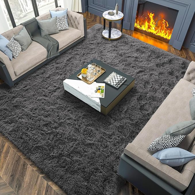 Merelax Soft Modern Indoor Large Shaggy Rug for Bedroom Livingroom Dorm Kids Room Home Decorative, Non-Slip Plush Fluffy Furry Fur Area Rugs Comfy Nursery Accent Floor Carpet 5 X 8 Feet, Dark Grey