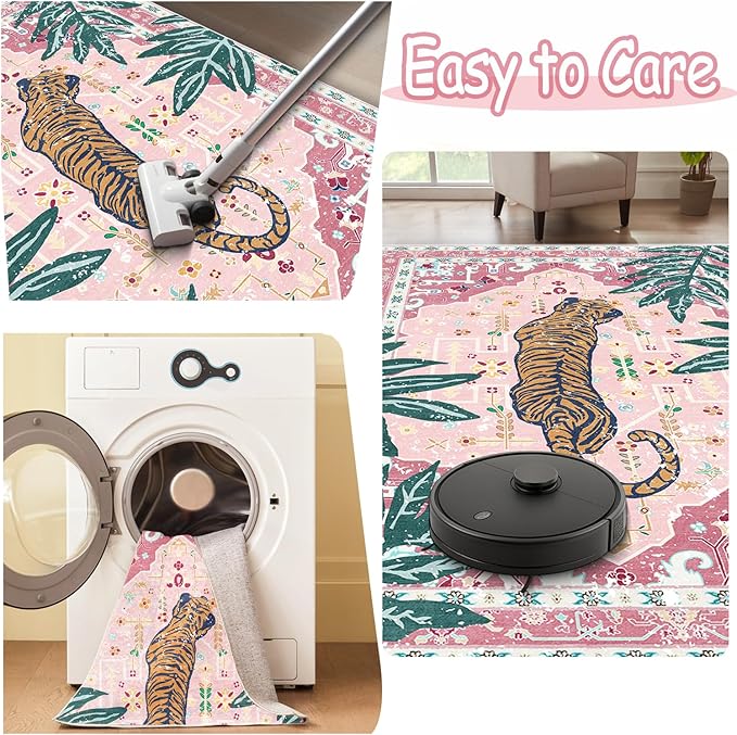 Area Rug Pink 4x6 Tiger Rug Washable Non-Slip Boho Vintage Tropical Animal Print Jungle Rug for Bedroom Girls Room Hallway Soft Cozy Whimsical Woodland Carpet for Play Room Laundry Room