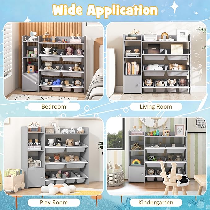 Costzon Kids Toy Storage Organizer, 4-Tier Kids Bookshelf Storage Cabinet w/8 Removable Bins, Preschool Children's Montessori Bookshelf w/Large Cabinet for Playroom, Daycare, Kids Room, Classroom