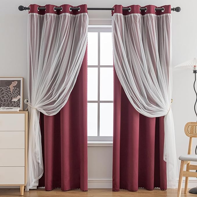 Anytime Home Curtains Blackout and Sheer Layered Solid Window Curtain Panel Pair with Grommet Top, 52Wx72L,Wine Red