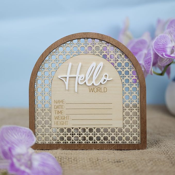 Baby Announcement Sign 6.5 Inch Wooden Hello World Newborn Welcome Sign Birth Name Plaques for Photo Props Shower Hospital Nursery (Rattan)