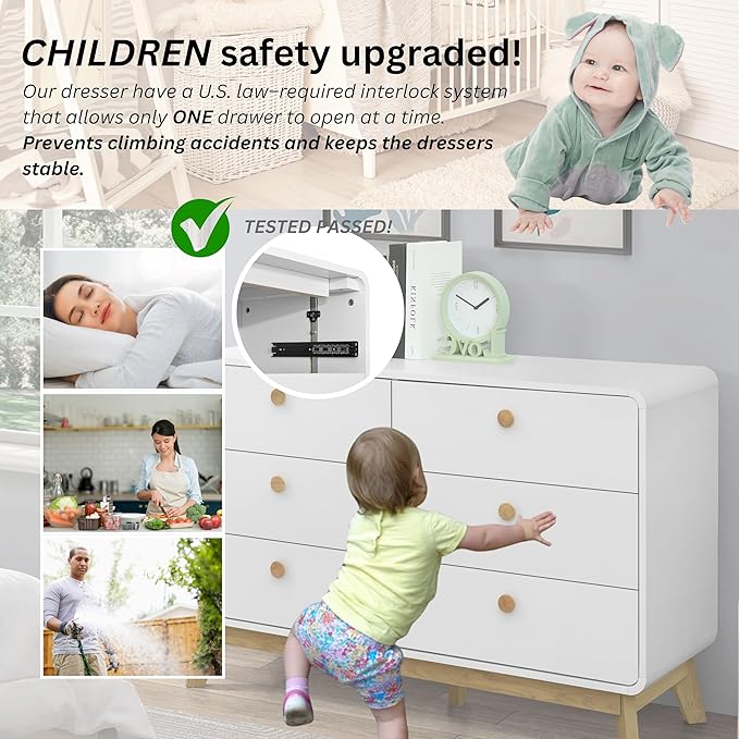 ELISA HOME Aries 6 Drawer Dresser for Bedroom, Modern Wide Chest of Drawers, Wood Storage Organizer for Clothes, Entryway, Hallway, Nursery or Living Room, White