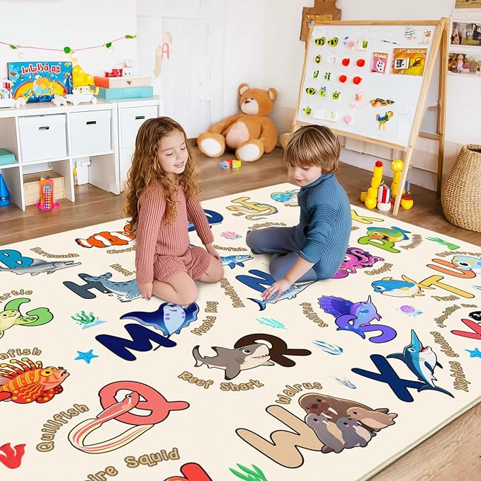 Kids Rugs for Playroom, 8x10 Ft Educational Rug for Learn The ABC Alphabet, Soft Machine Washable Non-Slip Cute Marine Organisms Carpet for Classroom Toddler Nursery Kids Room Decor, Beige