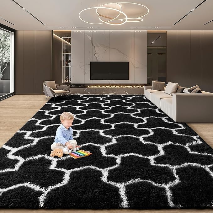 EVOIONOS 5x8 Washable Large Area Rug Living Room, Fluffy Shag Rug Bedroom Ultra Soft Plush Non Slip Carpet Indoor Floor Bedside Nursery Kids Girls Room Dorm Home Decor Aesthetic Black White Geometric