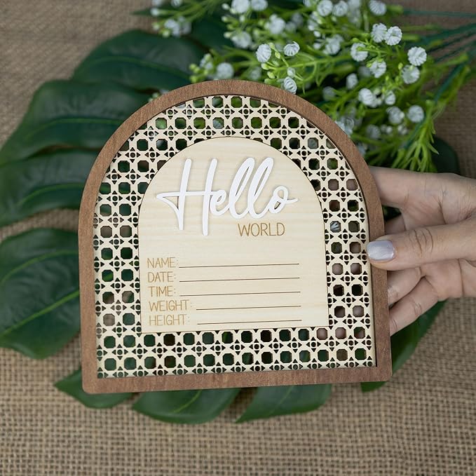 Baby Announcement Sign 6.5 Inch Wooden Hello World Newborn Welcome Sign Birth Name Plaques for Photo Props Shower Hospital Nursery (Rattan)