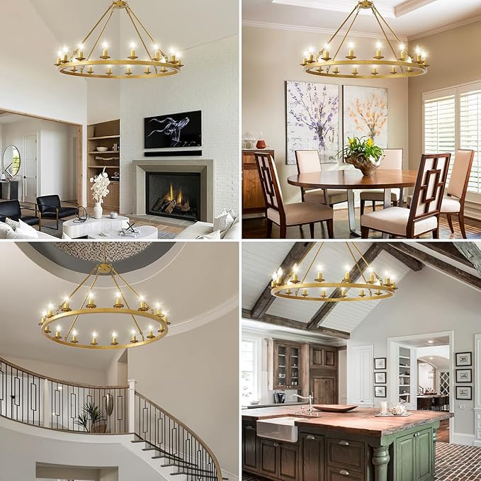 Wagon Wheel Chandelier, 16-Light Gold Round Modern Farmhouse Chandelier with Adjustable Height Hanging Island Light Fixture for High Ceiling Dining Room, Kitchen, Living Room, Entryways, Foyer