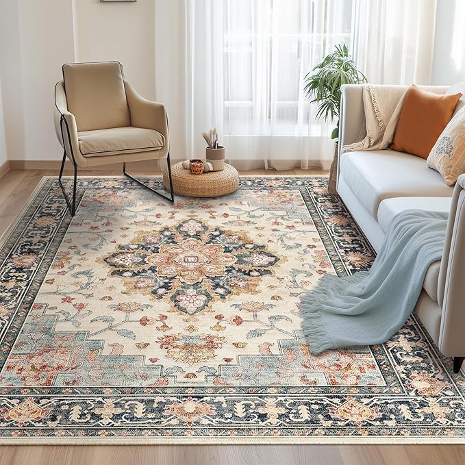 Machine Washable Rugs Nursery Rug 8x10 Cute Girl Non Slip Low Pile Water Repellent Soft Print Pattern for Bedroom Indoor Decor Kids Playroom Bluebeige