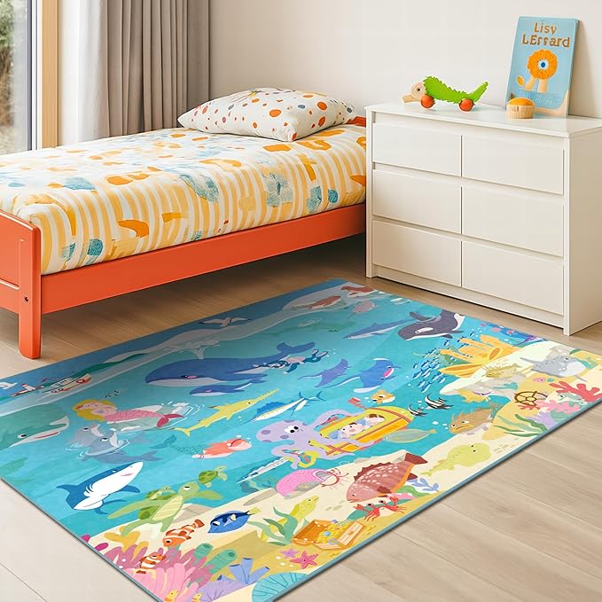 4x6 Ocean Rug for Toddlers Playroom – Sea Life Learning Carpet with Mermaid, Submarine & Whales, Soft Washable Stain Resistant Playful Area Rug for Kids, Educational Underwater Theme Playmat