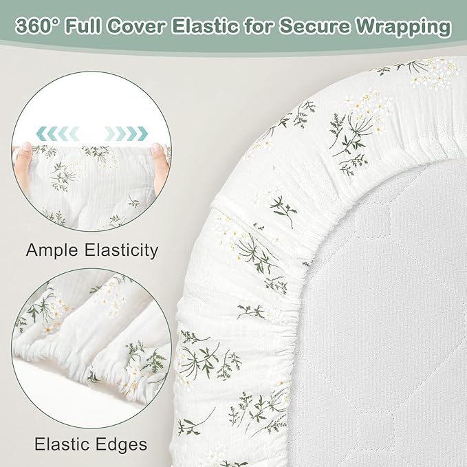 Basumee Muslin Bassinet Sheets for Baby Girl Boy 2 Pack Soft Breathable Baby Bedside Bassinet Fitted Sheets with Bottom Elastic Band 33''x17''x4'' Mattress Cover for Rectangle Oval Hourglass Bassinets