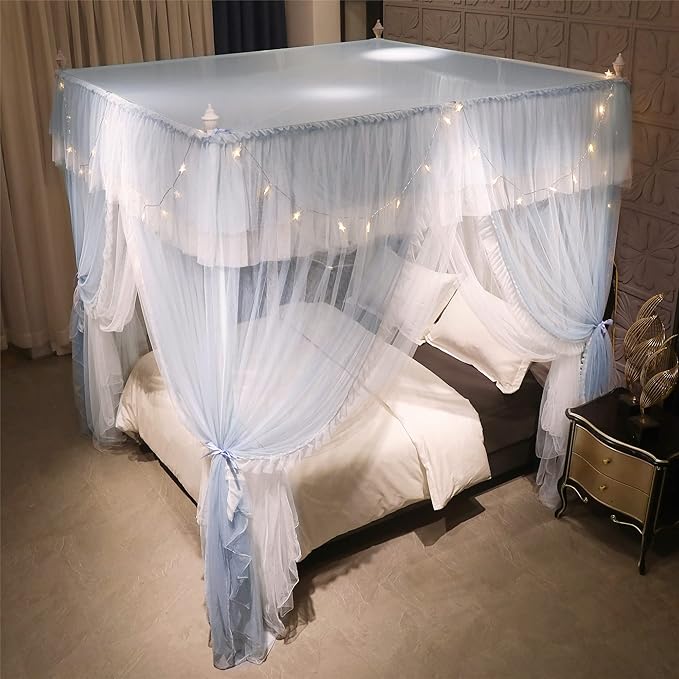 VETHIN 4 Corners Post Ruffle Princess Bed Canopy Curtain-Double Layer Cozy Drape Netting 4 Opening Mosquito Net for Girls Adults Bedroom Decoration (Gray/White, 53" W*78" L*82"*H/(Full))
