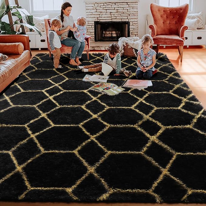 ONASAR 5x7 Area Rugs for Living Room Bedroom, Washable Fluffy Black and Gold Faux Fur Rug, Geometric Boho Soft Plush Shaggy Floor Carpet Mat for Nursery Kids Girls Boys Teen Dorm Home Office Decor
