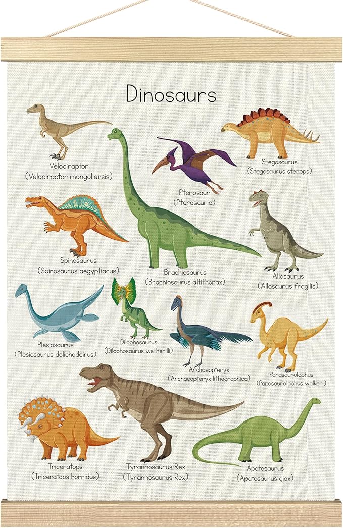 BCUANGD Dinosaur Dino Wall Decor - Toddler Boys Room Wall Art Poster Hanger with Wood Frames, Inspirational Wall Hanging Canvas Decor for Kids Baby Room Nursery Bedroom, 16x24 Inches