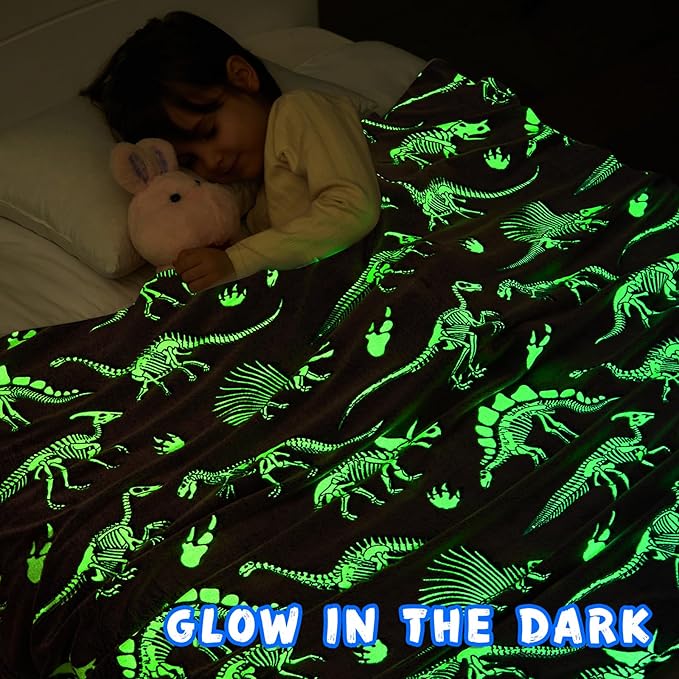 inhand Dinosaur Toys for Kids Glow in The Dark Dinosaur Blanket Christmas Birthday Valentine's Day Easter Party Decorations Favors,3 4 5 6 7 8 9 10 11 12 13 Year Old Boy Gifts（50"X60" Blue Dino
