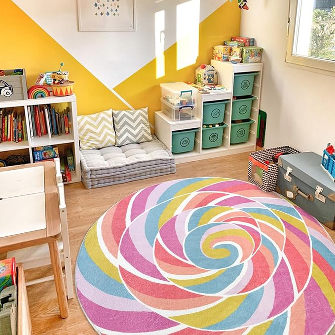 Kids Rug 5Ft Large Round Lollipops Play Mat Circle Rainbow Rug for Girls Bedroom Round Nursery Mat Classroom Carpet for Children, Colorful Playroom Candy Decorations