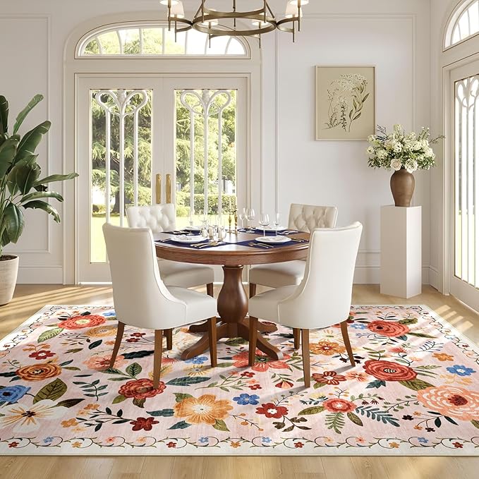 5x7 Washable Area Rug for Living Room, Floral Non-Slip Non-Shedding & Easy Care, Soft Low Pile Boho Indoor Floor Carpet for Living Room, Bedroom, Farmhouse, Dining Room, Kids Playroom, Beige