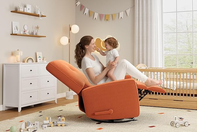 GarveeHome Recliner Chairs, Swivel Rocker Recliner, Glider Recliner Nursery Chair for Adults, 360° Swivel Glider Rocking Chair for Living Room, Bedroom, Office, RV, Small Spaces, Corduroy, Orange