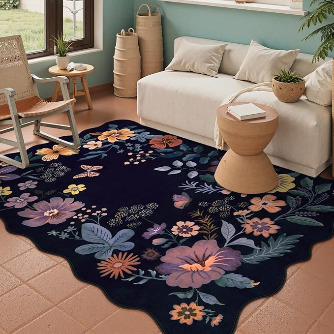 Lahome Floral Washable Rugs for Bedroom, 4X6 Area Rug Ultra-Thin Soft Living Room Rug, Non-Slip Classroom Rug Stain Resistant Lightweight Boho Low-Pile Throw Carpet for ‎Office (4x6ft,Purple)