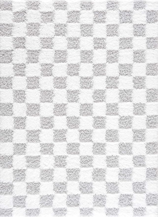 Hauteloom Atira Contemporary Checkered Fluffy Shag Area Rug - Modern Geometric Carpet Tiles for Living Room, Kids Room, Nursery - Plush Pile - Light Gray, Cream - 8'10" x 12'