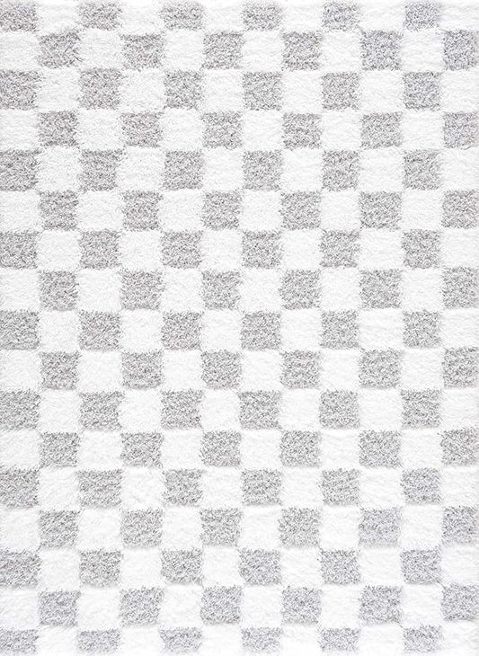 BoutiqueRugs Atira Modern Checkered Shag Area Rug - High Pile Fluffy Shaggy Carpet -Kids Room, Nursery, Living Room Shaggy Carpet - Light Gray, Cream, White - 6'7" X 9'6" (6x9)