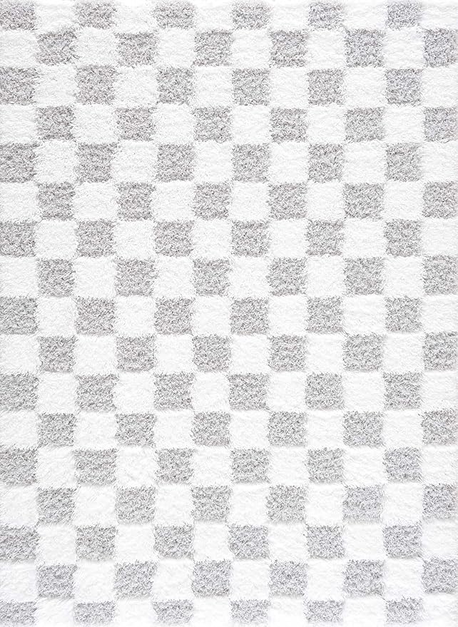 Hauteloom Atira Contemporary Checkered Fluffy Shag Area Rug - Modern Geometric Carpet Tiles for Living Room, Kids Room, Nursery - Plush Pile - Gray, Cream, White - 5'3" x 7'3"
