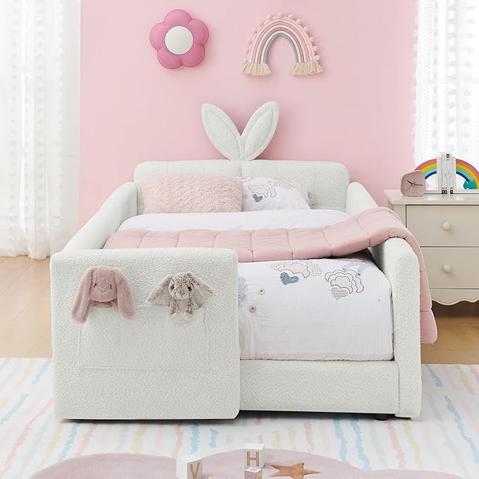 DEINPPA Twin Size Platform Bed Frame with Rabbit Ear Shaped Headboard and Pocket, Boucle Upholstered Bed Frame with Guardrail for Children Kids Boys Girls-Beige
