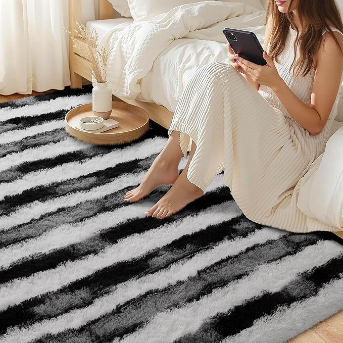 Meralax Area Rugs for Living Room Bedroom, Machine Washable 5x8 Feet Soft Fluffy Shaggy Rug, Black and White Stripe Indoor Floor Carpet for Boys, Dorms, Nursery Rooms, Home Decor Aesthetic