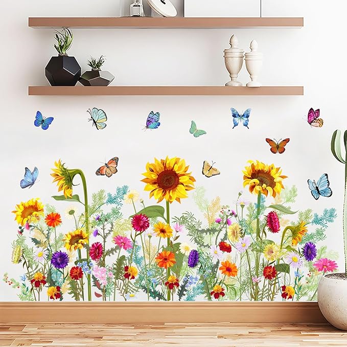 Flowers Vine Wall Stickers Sunflowers Daisy Wall Decals for Living Room, Butterfly Decor Posters Colorful Floral Wall Stickers Chrysanthemum Murals Decorations for Bedroom Office