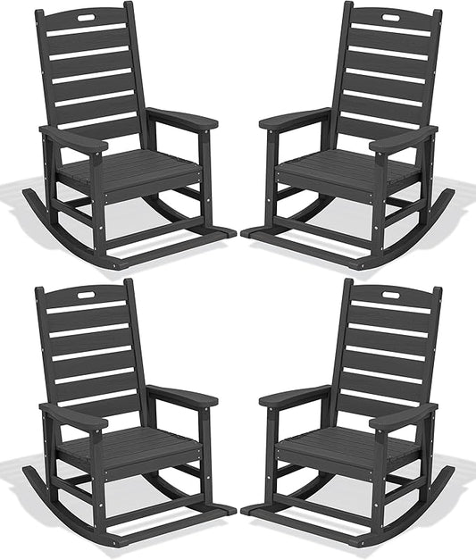 SERWALL Outdoor Rocking Chair Set of 4, Oversized HDPE Patio Rocking Chair with Footrest for Adults, All Weather Porch Rocker for Deck Patio Balcony, Gray