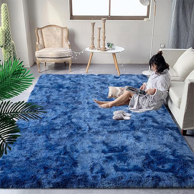 DweIke Fluffy Navy Blue Shag Rugs for Bedroom Living Room, 4x6 Feet Soft Plush Tie-Dyed Dark Blue Girls Boys Kids Rug, Non-Slip and Machine Washable Carpet for Dorm Nursery Classroom Decor