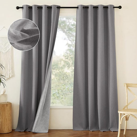 NICETOWN Grey Long Faux Linen Full Shade Panels, 52" Wide x 95" Long, Pair of Thermal Insulated & Energy Efficiency Blackout Curtains for Living Room Windows, Lined Silky Performance Window Dressing