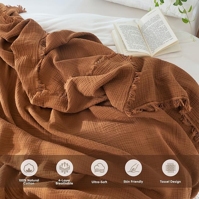 MooMee Muslin Blanket - 100% Cotton 4-Layer Gauze Throw Blanket with Tassels Ultra-Soft Breathable Lightweight Cooling for Bed Couch (Drak Orange,Oversized Queen 98" x 98")