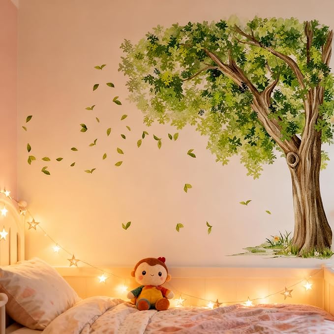 Large Green Tree Branch Wall Decals Hanging Vine Leaf Branch Wall Stickers Peel and Stick Wall Art Murals Decor Vinyl for Bedroom Living Room TV Background Wall Decor