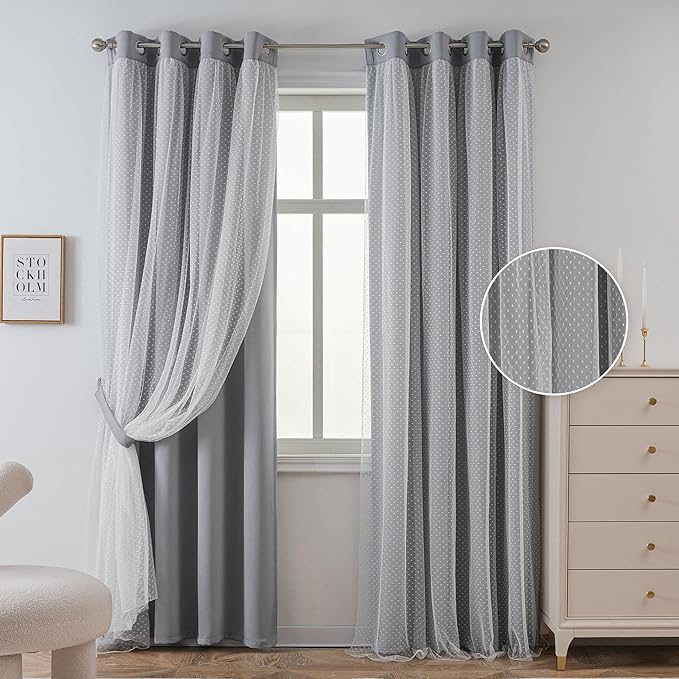 MYSKY HOME 70% Blackout Curtains for Girls Bedroom & Nursery Kids Grey Cute Curtains Double Layer with Polka Dots Sheer, Grommet Tops, 52x95 Inch Each Panel, 2 Panels