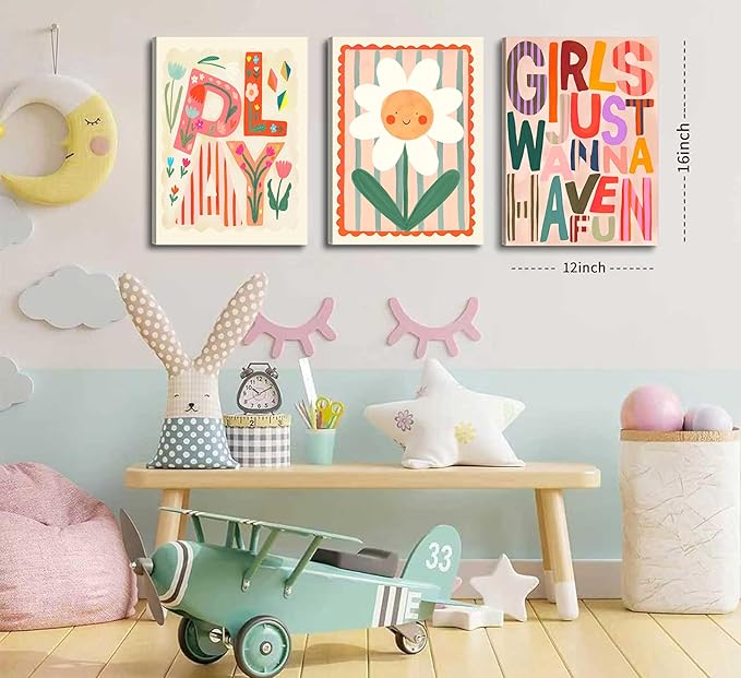 Boho Floral Sun Nursery Wall Art Girls Just Wanna Have Fun Positivity Affirmation Rainbow Print Playroom Classroom Counseling Office wall decor Play Poster for Kids Bedroom, 16x24 Inch, Set of 3