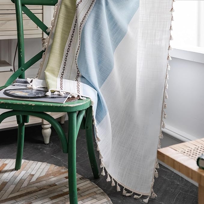 Deeprove Boho Linen Curtains 72 inch for Bedroom Living Room, Semi Blackout Country Rustic Tassels Window Treatment Bohemian Embroidery Drape Rod Pocket 1 Panel 52" W x 72" L, Blue and Sage Green