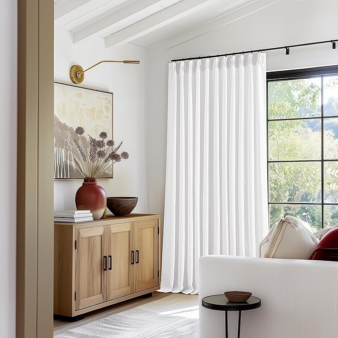 Extra Wide Pinch Pleated Linen Curtains 90 Inches Long 70 Inch Width for Living Room Bedroom Light Filtering White Semi Sheer Pleat Window Curtain Pinch Pleated Drape with Hooks Rings 1 Panel 70x90