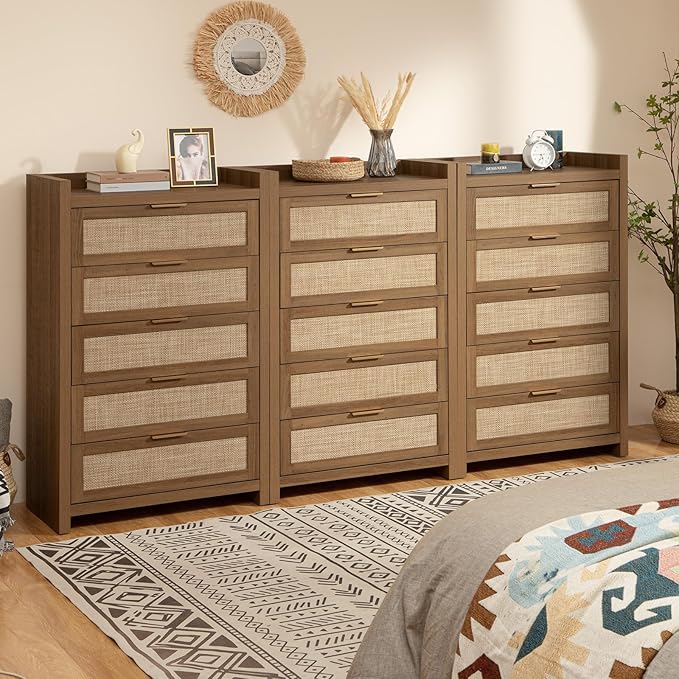 SICOTAS Dresser for Bedroom Chest of Drawers 46" Tall Dresser for Closet with 5 Rattan Drawers Boho Nightstands Set of 3 Large Clothes Storage Cabinet TV Stand for Living Room Hallway Nursery Entryway