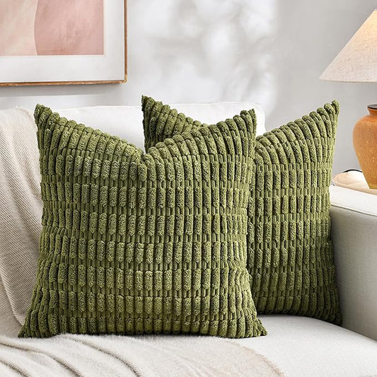Fancy Homi 2 Packs Boho Moss Green Decorative Throw Pillow Covers 16x16 Inch for Couch Bed Sofa, Rustic Modern Farmhouse Home Decor, Soft Plush Corduroy Cute Square Cushion Case 40x40 cm