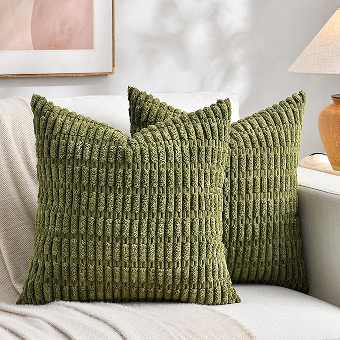 Fancy Homi 2 Packs Boho Moss Green Decorative Throw Pillow Covers 24x24 Inch for Couch Bed Sofa, Rustic Modern Farmhouse Home Decor, Soft Plush Corduroy Cute Square Cushion Case 60x60 cm