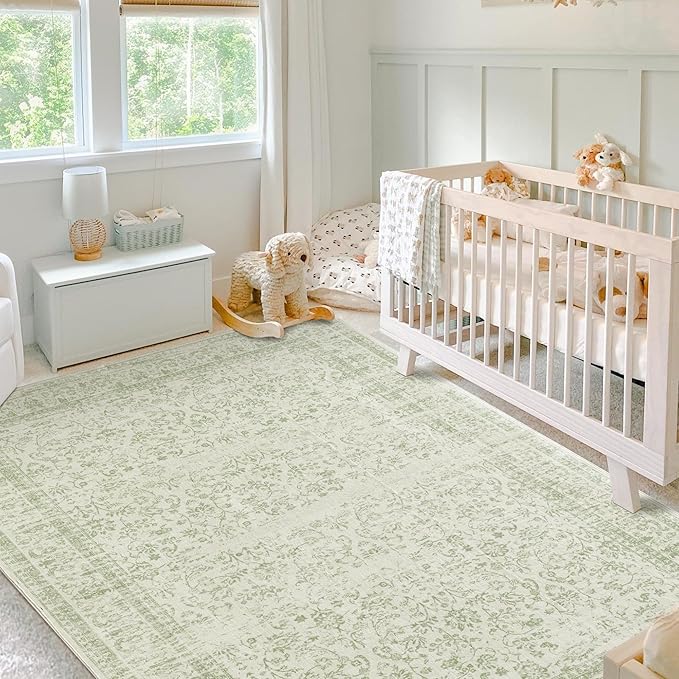 Sage Green Rug for Bedroom,Boho Floral Print Washable Cottage Core 8x10 Area Rugs for Living Room,Light Green