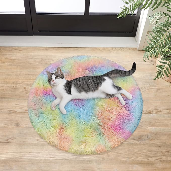 2x2 ft Small Round Rug for Girls Bedroom,Soft Shaggy Kids Rainbow Rugs Kawaii Colorful Carpet Fuzzy for Room Kids Bedroom Girls Dresser Playroom Nursery Storage Cabinet Decor