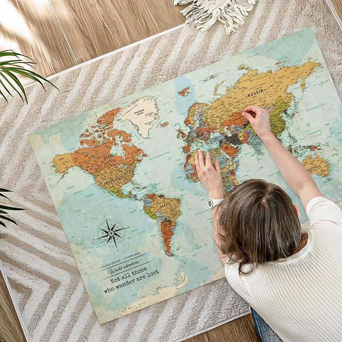 ElephantStock - Personalized Wanderer Push Pin World Map Wall Art - Horizontal Canvas Wall Art - Living Room Wall Decor - Digital Art Map Canvas Art - Orange And Blue Decor - 45" x 30"