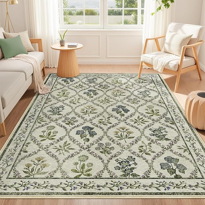 Floral Rugs for Girls, 5x7 Boho Washable Area Rug for Living Room, Cute Ultra-Thin Non Slip Indoor Decor Carpet for Nursery Kids Room Bedroom Playroom, Ivory Multi