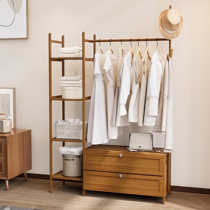 Garment Rack with Drawers,Cute Clothing Rack,Bamboo Clothes Rack,Clothes Rack Hanging,Solid Thickened Clothes Racks with Shelves (39.4inch Width Tawny)
