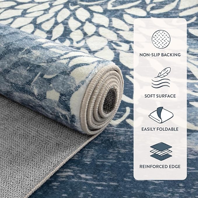 Dahlia Washable Runners for Hallways, 2x6 Blue Floral Kitchen Runner Rug,Non Slip Low Plie Hallway Rug,Boho Soft Non Shedding Carpet Runner for Bathroom Bedroom Laundry,Blue