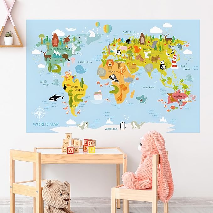 Animal World Map Wall Decals Kids Educational Learning Landmarks Wall Stickers Jungle Wild Animal Wall Art Decal Removable World Map Simple Cute Animal Wall Murals for Kids Calssroom Decor