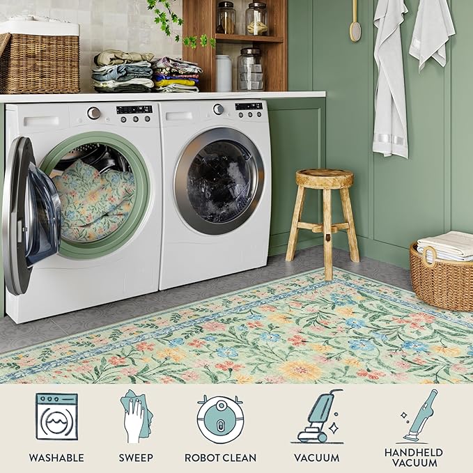 Lahome Machine Washable Area Rugs 8x10 Non Slip, Soft Boho Living Room Rugs, Ultra-Thin Vintage Cottage Throw Carpet for Home Office Dinning Room Kids Playroom, Green/Multi