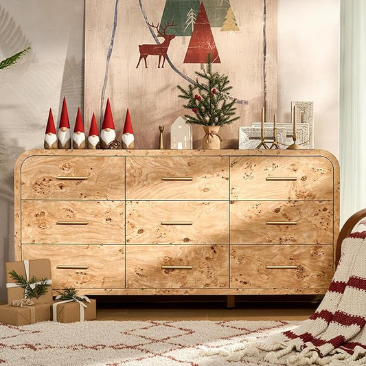 Curved 9-Drawer Dresser for Bedroom, 63" Wide Modern Chest of Drawers, Vanity Desk TV Stand for Living Room, Closet Storage Drawers Organizer Furniture, Nursery, Hallway, Light Burl